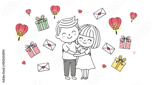 Love's Embrace: An adorable illustrated couple sharing a tender hug, surrounded by symbols of affection, perfect for romantic and sentimental themes.