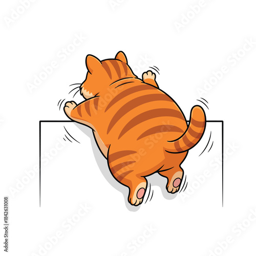 A chubby orange tabby cat cartoon struggling to climb over a white ledge viewed from behind with its paws gripping the edge.