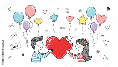 Love's Heartfelt Gesture: A tender illustration depicts a couple, sharing a vibrant red heart, surrounded by floating balloons, each symbol of affection and tenderness.