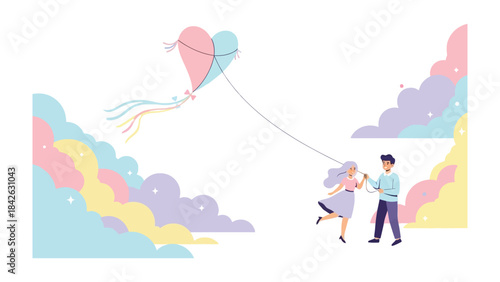 Love's Aerial Flight: A couple joyfully releases a heart-shaped kite into the sky. Capturing the essence of romance, affection and shared dreams.