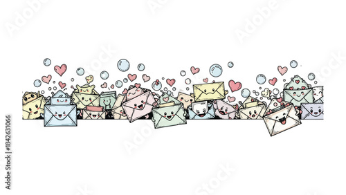 Communicating Feelings and Thoughts: Adorable, emotive letters and cute envelope expressions scattered amid hearts and bubbles, a visual representation of conveying messages and sending thoughts.