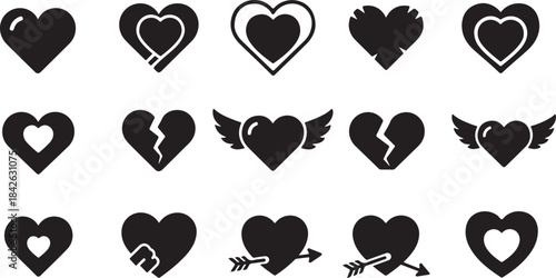 Heart Icon Set Vector: 15 Romantic Love Symbols and Broken Hearts

Valentine's Day Icon Pack: Cupid's Arrow, Wings, and Broken Heart

Black Silhouette Heart Collection: Digital Love and Emotion Glyphs