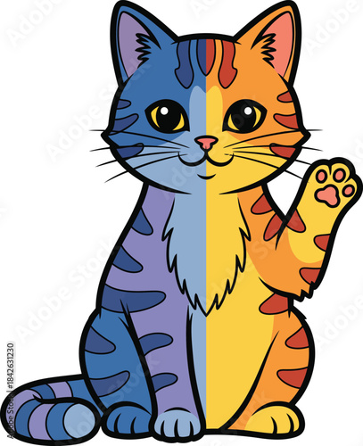 A cute cartoon tabby cat with a splitcolored blue and orange face sitting and waving.