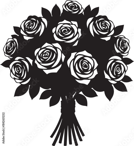 Elegant Rose Bouquet Silhouette: Black and White Floral Vector Art

Romantic Dozen Roses Graphic: Wedding and Valentine's Day Design

Black and White Flower Clipart: Detailed Rose Petals and Leaves