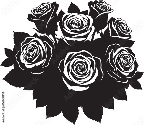 Elegant Rose Bouquet Silhouette: Black and White Floral Vector Art

Romantic Dozen Roses Graphic: Wedding and Valentine's Day Design

Black and White Flower Clipart: Detailed Rose Petals and Leaves