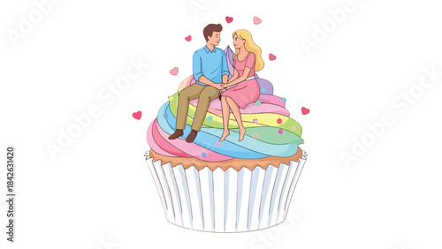 Sweethearts on a Cupcake: A romantic scene of a couple seated atop a vibrant, frosted cupcake, surrounded by floating hearts, evoking a feeling of sweet love and affection.