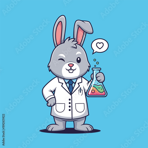A cute winking cartoon rabbit scientist in a white lab coat holding a bubbling love potion flask.