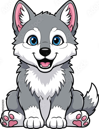 A cute smiling cartoon wolf pup with grey fur big blue eyes and a fluffy white chest sitting happily.