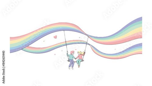 Harmonious Swing: Two figures swing gently amidst a cascade of colorful rainbows, symbolizing connection, love, and the joy of shared moments. 