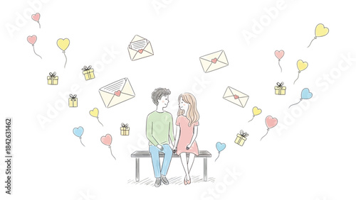 Love's Serenade: A tender moment unfolds as a couple, hand in hand, sits bathed in a whimsical cascade of love notes, heart balloons, and wrapped gifts, symbolizing affection.