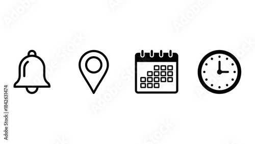 Set of Essential Black Icons for Notification, Location, Calendar, and Clock