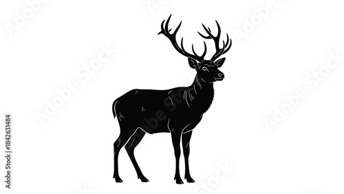 Majestic Black Deer Silhouette with Antlers Standing on White Background
