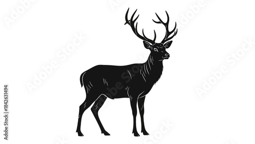 Majestic Black Deer Silhouette with Large Antlers, Isolated on White Background