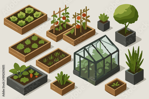 Isometric Urban Garden Planter Set with Greenhouse