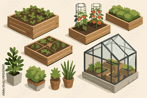 Urban Gardening and Greenhouse Isometric Illustration Set