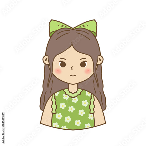 Ilustrasi Gadis Cantik Bergaya Kartun dengan Pita Hijau