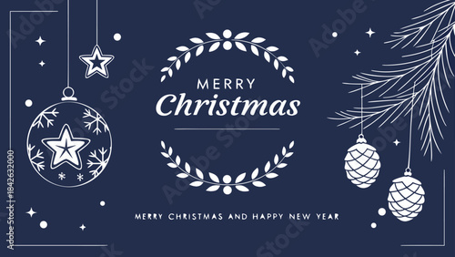 Set of three card Merry Christmas and Happy New Year. Christmas vector card designs using tree, silver glass balls, stars, sequins and elegant lettering a deep blue gradient background. 