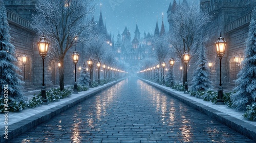 Snowy Boulevard Lined With Lampposts and Trees Leading to a Castle at Dusk