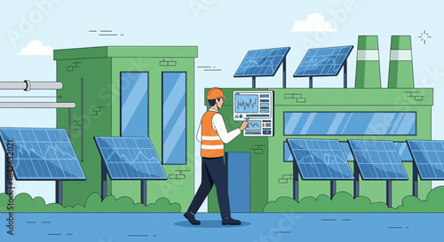 Monitoring solar power plant performance by an engineer for renewable energy solutions, promoting