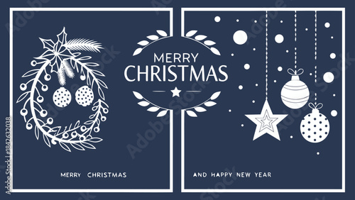 Set of three card Merry Christmas and Happy New Year. Christmas vector card designs using tree, silver glass balls, stars, sequins and elegant lettering a deep blue gradient background. 