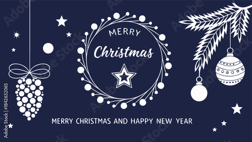 Set of three card Merry Christmas and Happy New Year. Christmas vector card designs using tree, silver glass balls, stars, sequins and elegant lettering a deep blue gradient background. 