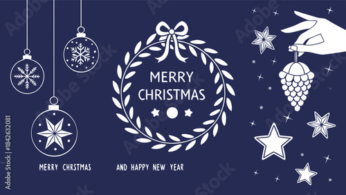 Set of three card Merry Christmas and Happy New Year. Christmas vector card designs using tree, silver glass balls, stars, sequins and elegant lettering a deep blue gradient background. 