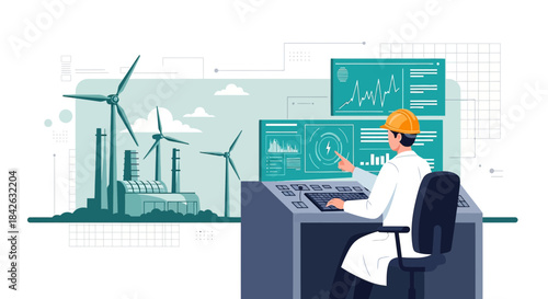 Renewable energy management system, engineer monitoring wind farm performance in control room