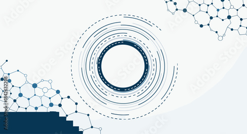 Abstract technology background featuring a central circular interface with hud elements and molecular structures in the corners on a light backdrop.