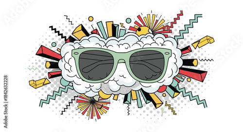 Funky pop art illustration of sunglasses on a fluffy cloud with a dynamic explosion of colorful retro geometric shapes and patterns.