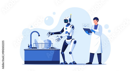 Robot dishwasher performing kitchen duties with human supervision in a modern home future