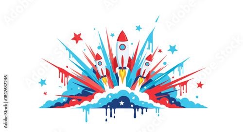 Dynamic illustration of three cartoon rockets launching into space with a vibrant red and blue explosion and stars on a white background.