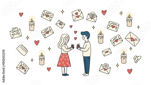 A Special Moment: Witness the delicate exchange of gifts between a loving couple surrounded by symbols of affection, perfect for representing relationships.
