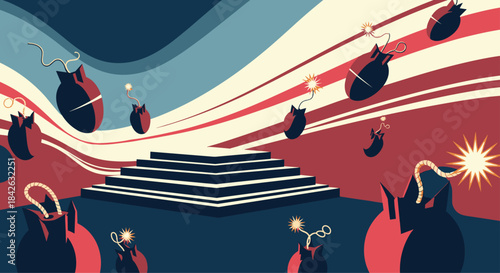An abstract political or wartime concept illustration with bombs falling from a striped sky onto a central empty pedestal or stage.