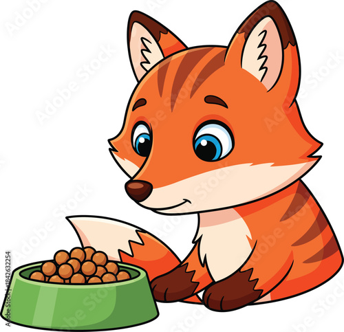 Adorable striped cartoon fox with blue eyes sitting next to a green food bowl.
