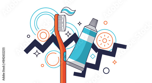 Dental care concept illustration with a toothbrush and toothpaste set against a background of abstract geometric shapes and lines.