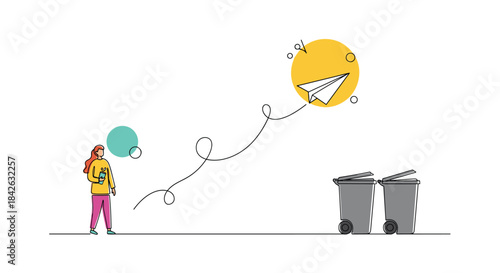 Minimalist line drawing of a woman watching a paper plane fly towards trash cans representing discarded ideas or opportunities.