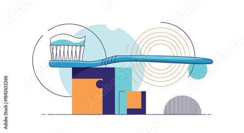 Modern art composition of a toothbrush with toothpaste balanced on colorful geometric blocks against an abstract line art background.