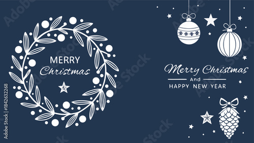 Set of three card Merry Christmas and Happy New Year. Christmas vector card designs using tree, silver glass balls, stars, sequins and elegant lettering a deep blue gradient background. 