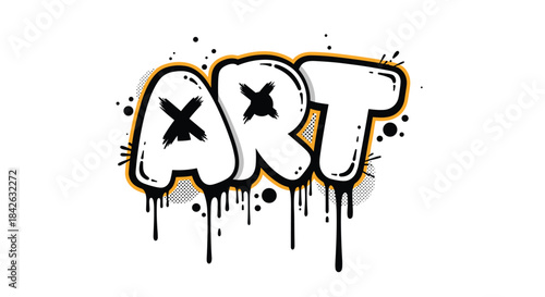 The word ART is written in a bold and dripping white graffiti bubble letter style with black outlines and paint splatter details.