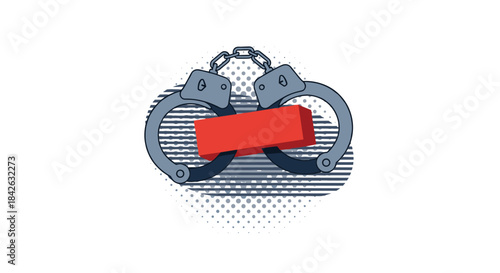 Pop art style illustration of a pair of steel handcuffs with a blank red block locked in the center against a halftone background.