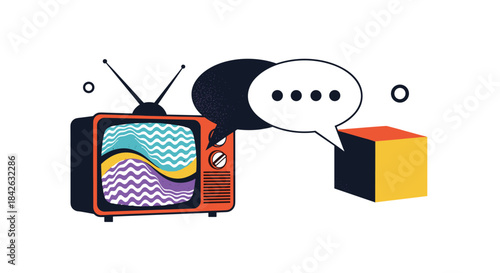 A retro television with a colorful wavy screen is paired with a speech bubble and a 3d cube for a modern communication concept.