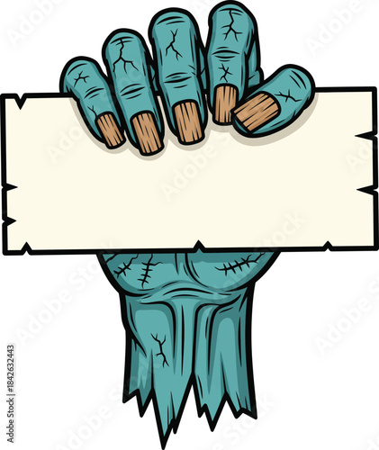 Cartoon blue zombie hand with stitches and cracked fingers holding a blank tattered sign.