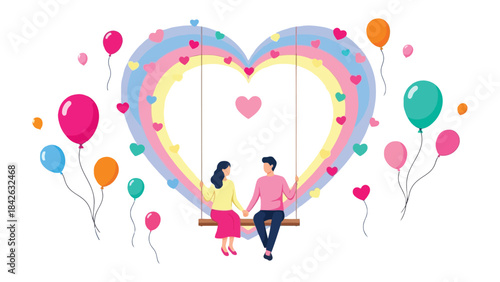 Love's Embrace: A couple shares a tender moment, seated on a swing amidst a whimsical arrangement of colorful balloons and a heart-shaped design, perfect for expressing affection.
