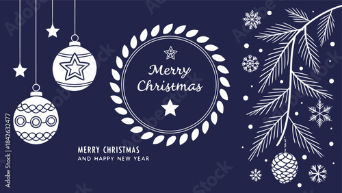 Set of three card Merry Christmas and Happy New Year. Christmas vector card designs using tree, silver glass balls, stars, sequins and elegant lettering a deep blue gradient background. 