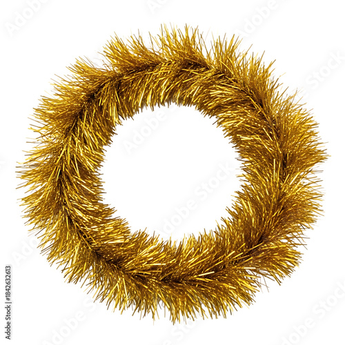 Golden christmas wreath with tinsel decoration on white background