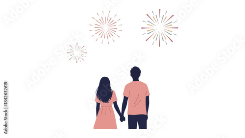 Shared Wonder: A couple silhouette gaze up, hand in hand, at a dazzling display of fireworks, celebrating love and unity under a vibrant sky.