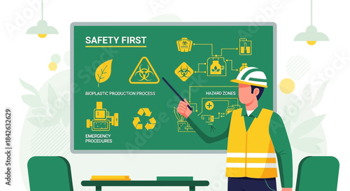 Safety briefing presentation on bioplastic production and hazard management training session