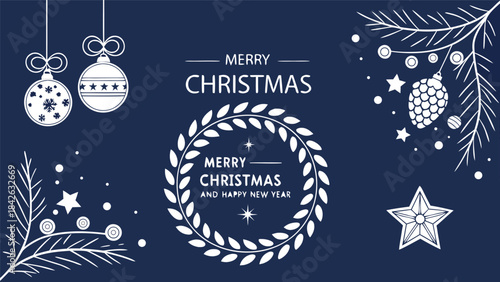 Set of three card Merry Christmas and Happy New Year. Christmas vector card designs using tree, silver glass balls, stars, sequins and elegant lettering a deep blue gradient background. 