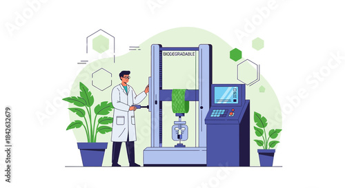 Scientist analyzing biodegradable material with advanced testing machine in a lab environment