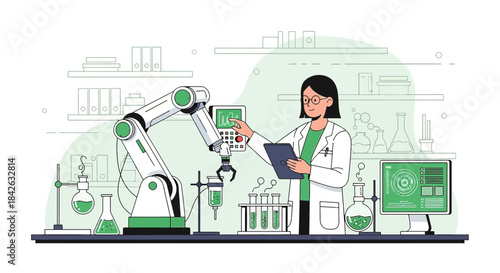 Scientist controlling robotic arm in lab performing experiment with green liquid and tubes in